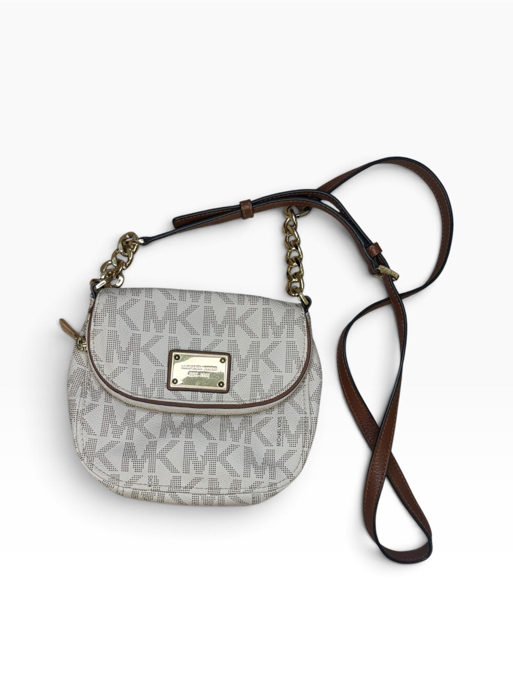 Michael Kors Ivory MK Signature Logo Saddle Crossbody Bag Brown Chain Strap